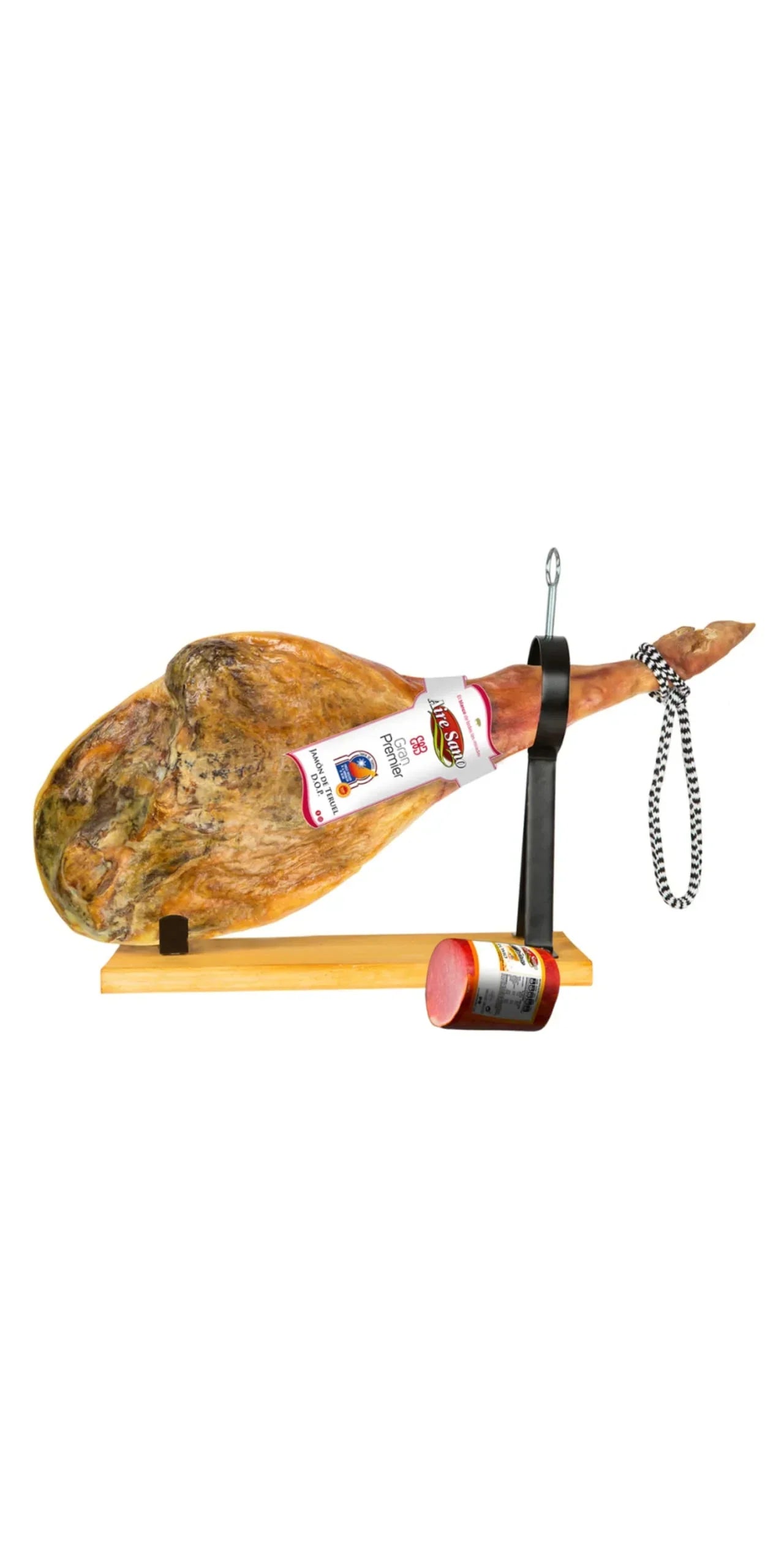 Aire Sano - Jamón de Teruel DOP Gran Premier (8-8.5 Kg) + Taco de Lomo Padre 100% Duroc de 310g - Jamonero, Cuchillo y Chaira - Sin Gluten y Sin Lactosa - Envasado al vacío