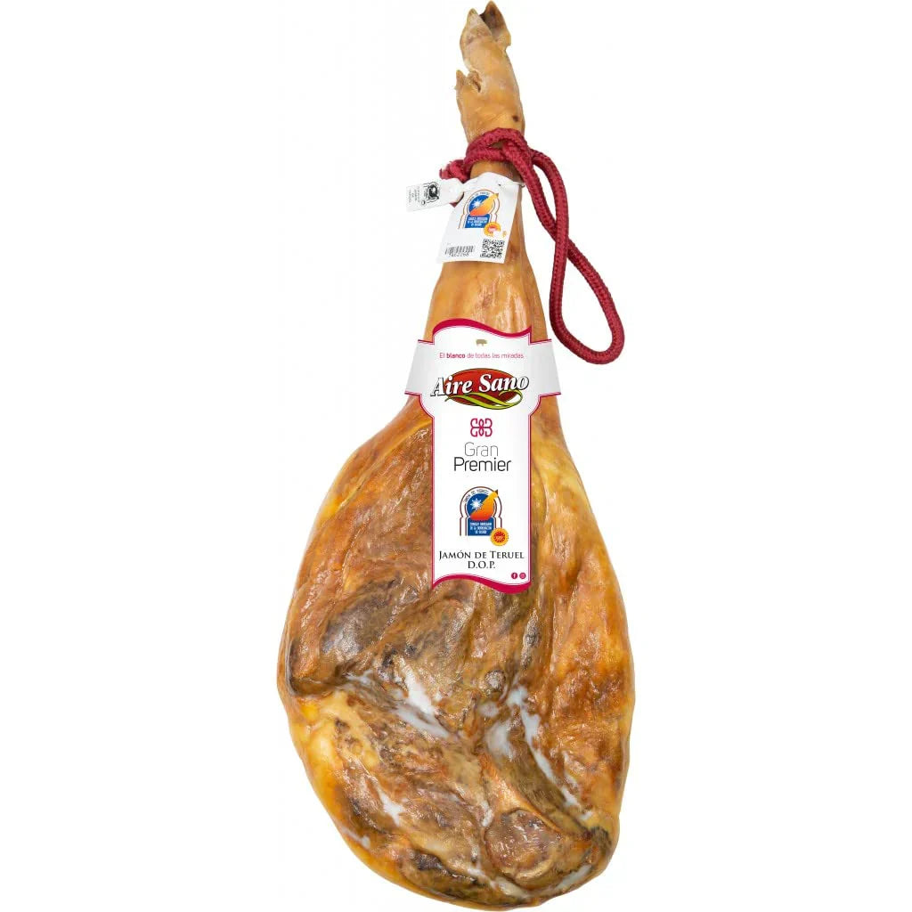 Aire Sano - Jamón de Teruel DOP Gran Premier (8-8.5 Kg) + Taco de Lomo Padre 100% Duroc de 310g - Jamonero, Cuchillo y Chaira - Sin Gluten y Sin Lactosa - Envasado al vacío