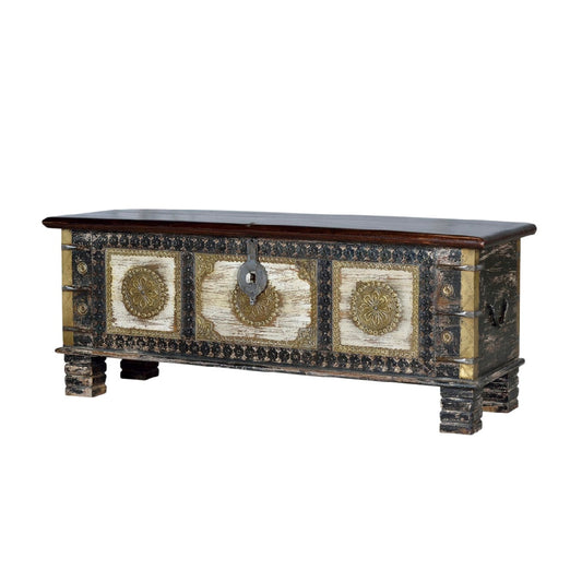 Coffre de rangement décoratif en bois avec motifs sculptés - 120 x 60 x 50