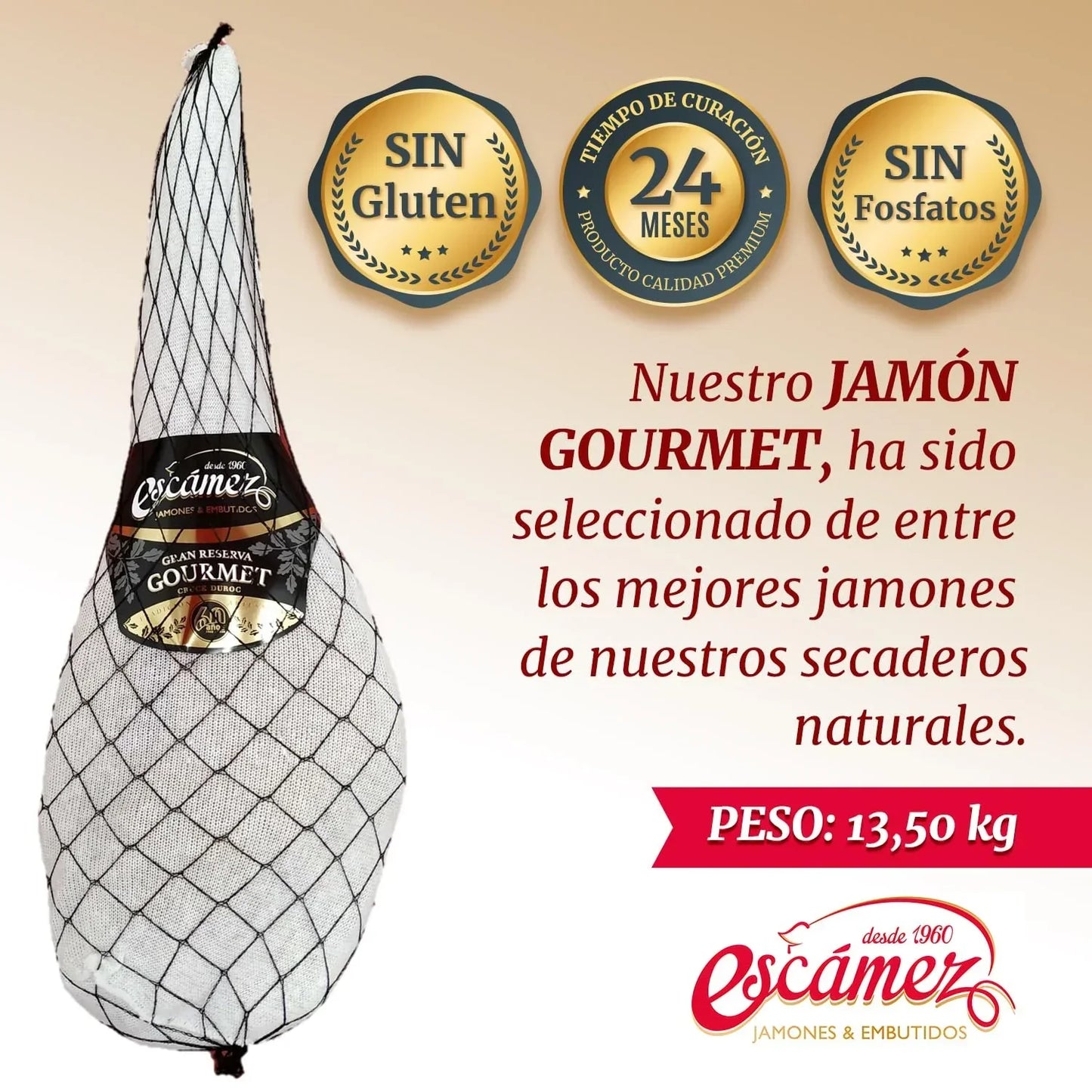 Jamón Gourmet Gran Reserva Duroc | Perniles de 9 kg | Jamón Secado Duroc | Jamón de Curación Superior a 24 meses | Selección Gourmet | Sin Gluten